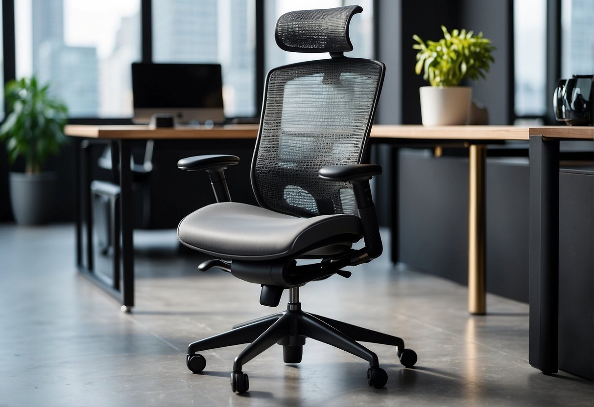 A high-end ergonomic office chair in gray mesh, featuring adjustable headrest, lumbar support, and sleek design