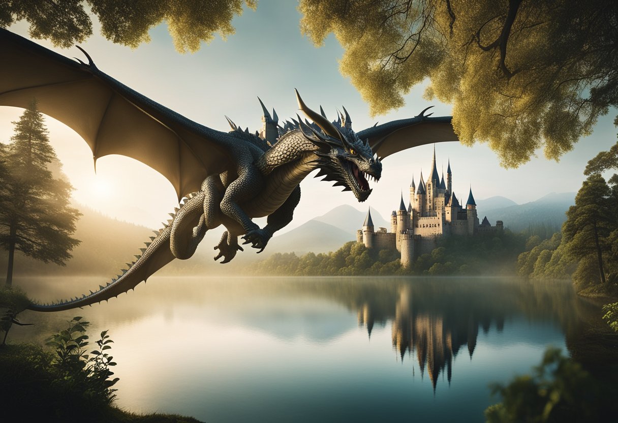 The Witcher's Fantasy Europe: Exploring the Continent's Diverse Inspirations - A dragon soars over a misty forest, while a unicorn grazes in a clearing. A castle looms in the distance, surrounded by rolling hills and a shimmering lake