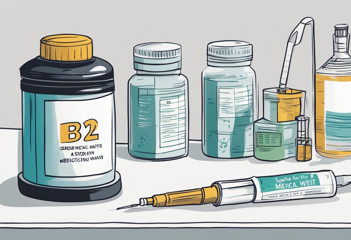 A vial of B12 serum, a syringe, and a medical waste bin on a sterile, white countertop. A pamphlet on post-injection symptoms lies nearby