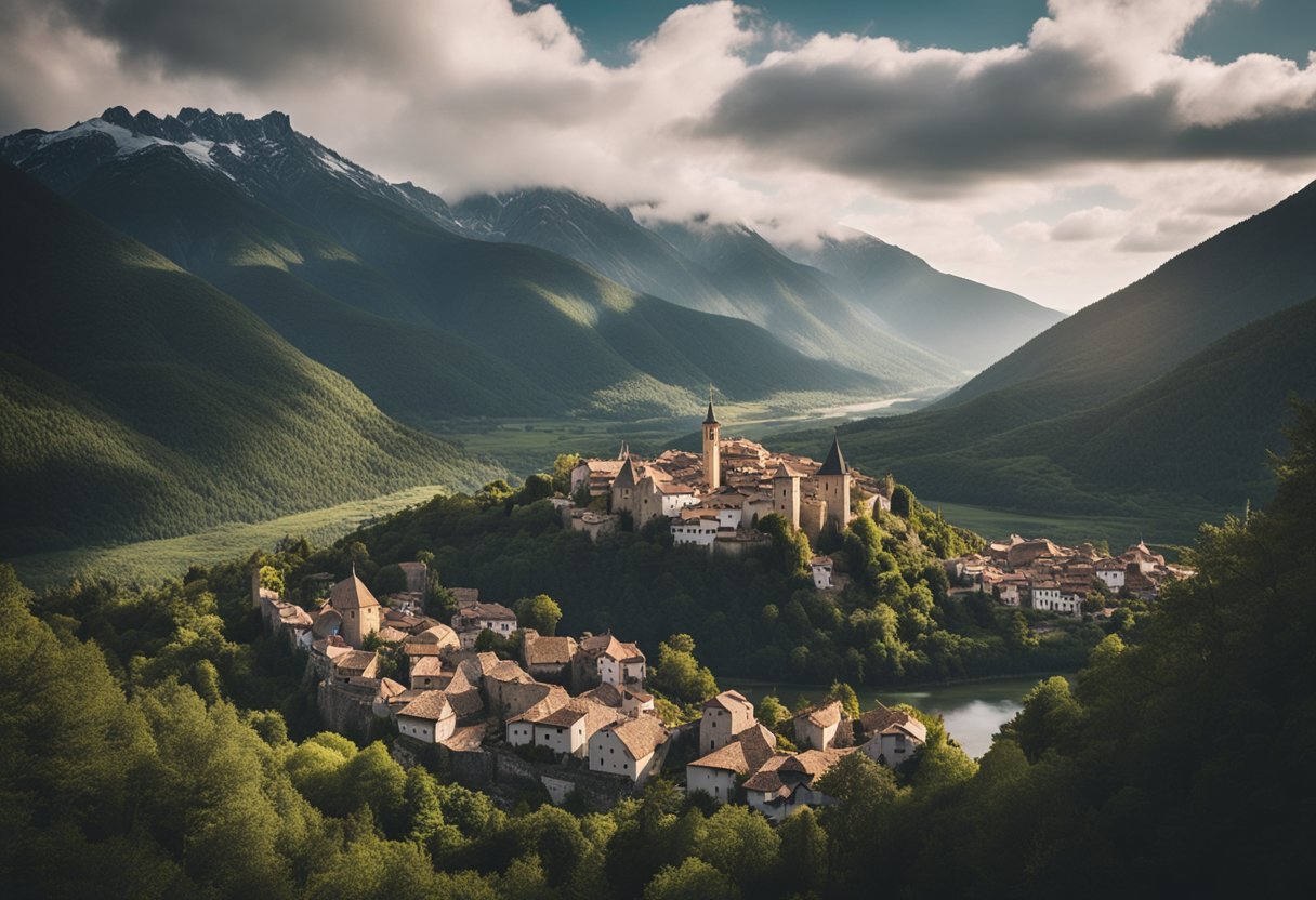 The Witcher's Fantasy Europe: Exploring the Continent's Diverse Inspirations - A medieval village nestled in a dense forest, with towering mountains in the background and a winding river flowing through the landscape. The architecture is reminiscent of Eastern European and Canary Island influences