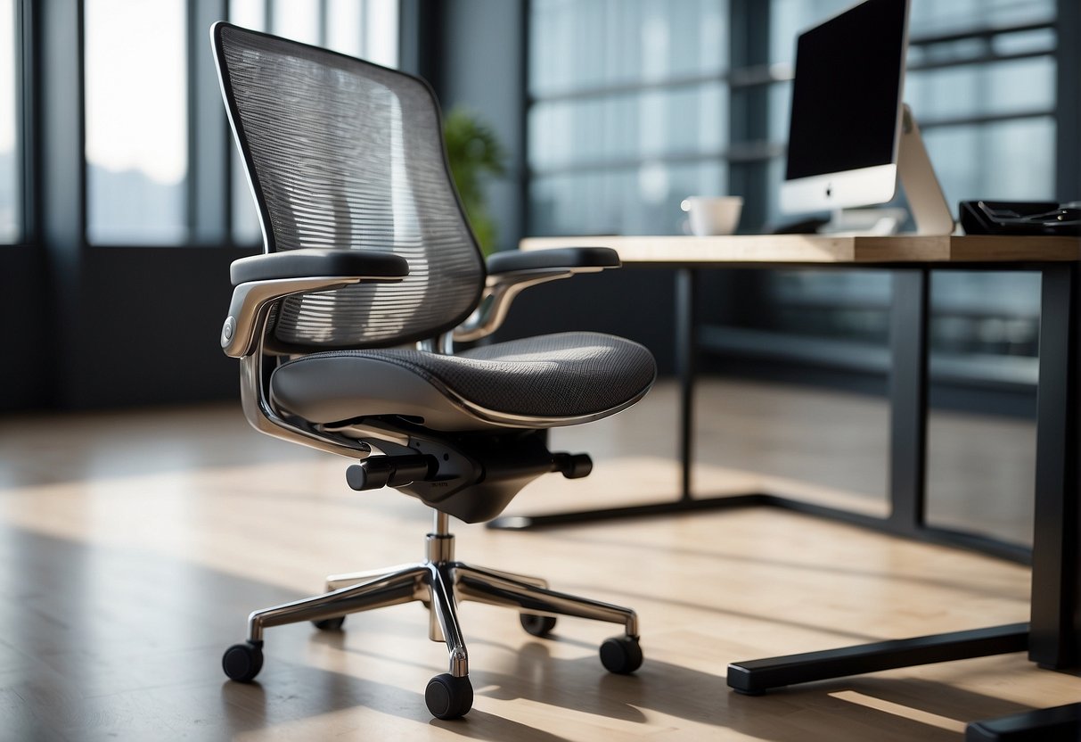 A luxurious gray mesh ERGOHUMAN office chair with comfort and adaptability features, set against a modern office backdrop