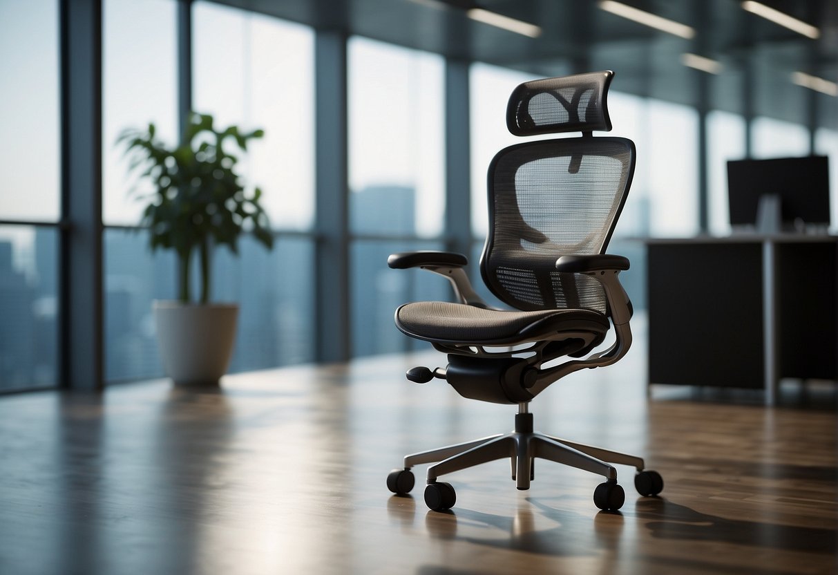 A luxurious grey mesh office chair, the ERGOHUMAN Edition, exudes quality and safety in a professional setting