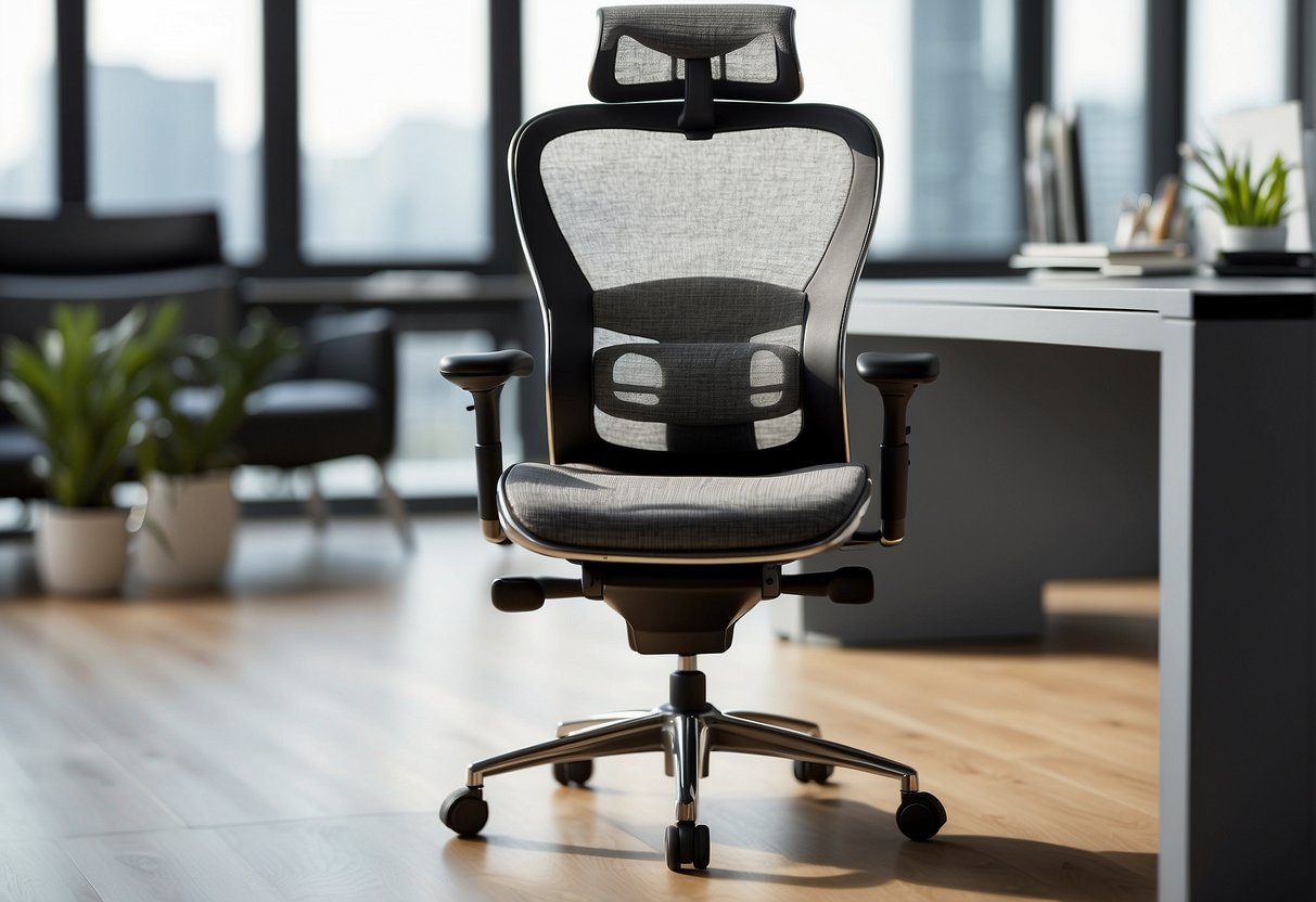 A luxurious grey mesh office chair, part of the ERGOHUMAN Edition by hjh OFFICE, is displayed with its various product line and variants