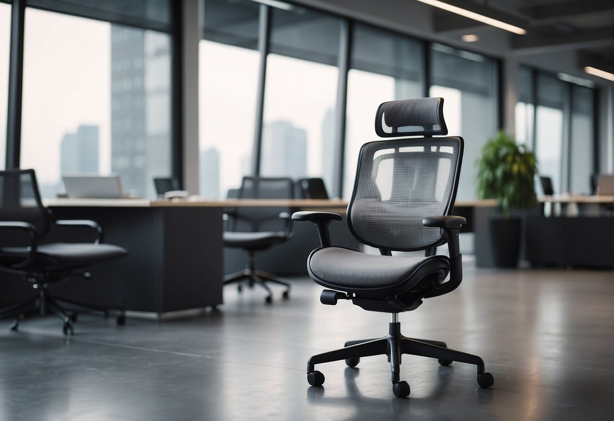A luxurious office chair, Ergohuman Edition in grey mesh, stands in a modern workspace with sleek furniture and ample natural light