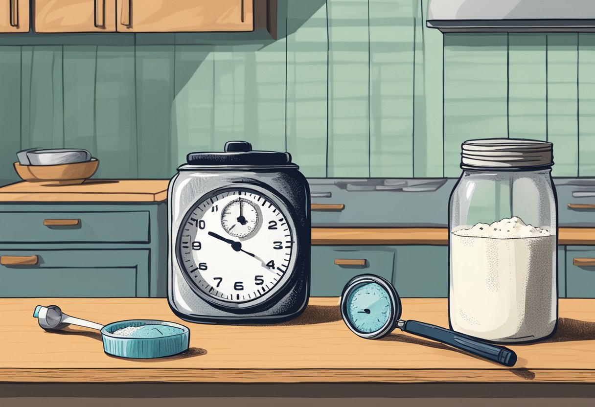 A jar of creatine powder sits on a kitchen counter. A stopwatch shows time passing, indicating the gradual effects of the supplement