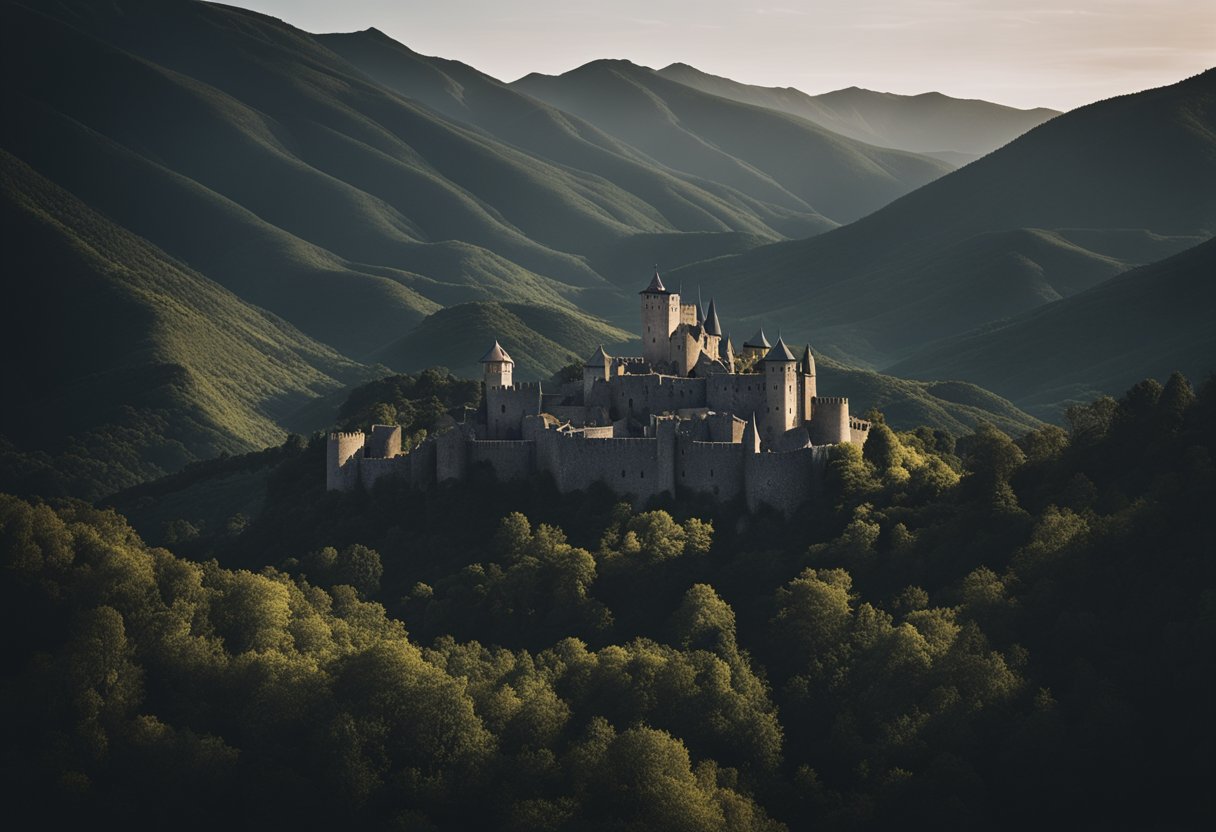 The Witcher's Fantasy Europe: Exploring the Continent's Diverse Inspirations - A vast, medieval landscape with castles, mountains, and forests stretching from Eastern Europe to the Canary Islands. The scenery is dark and mysterious, with hints of magic and mythical creatures lurking in the shadows