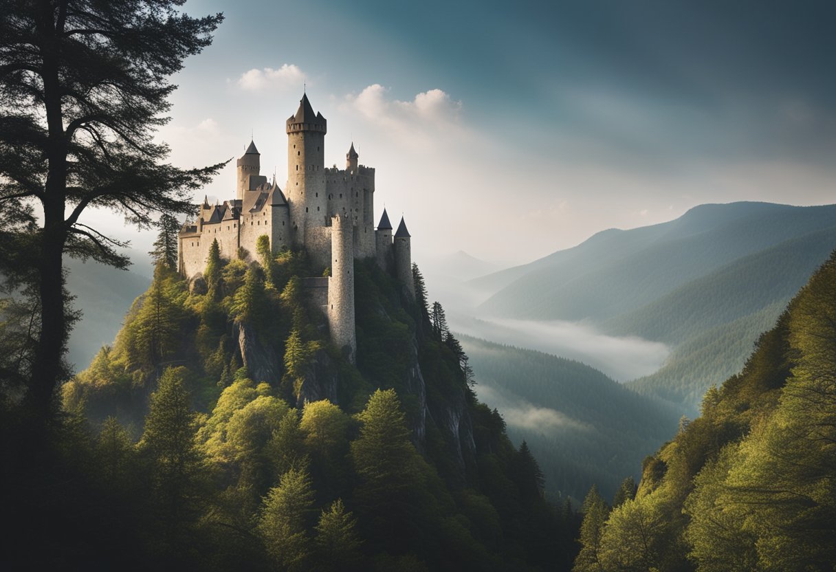 The Witcher's Fantasy Europe: Exploring the Continent's Diverse Inspirations - A medieval castle perched on a rocky cliff, surrounded by dense forests and a misty mountain range in the background