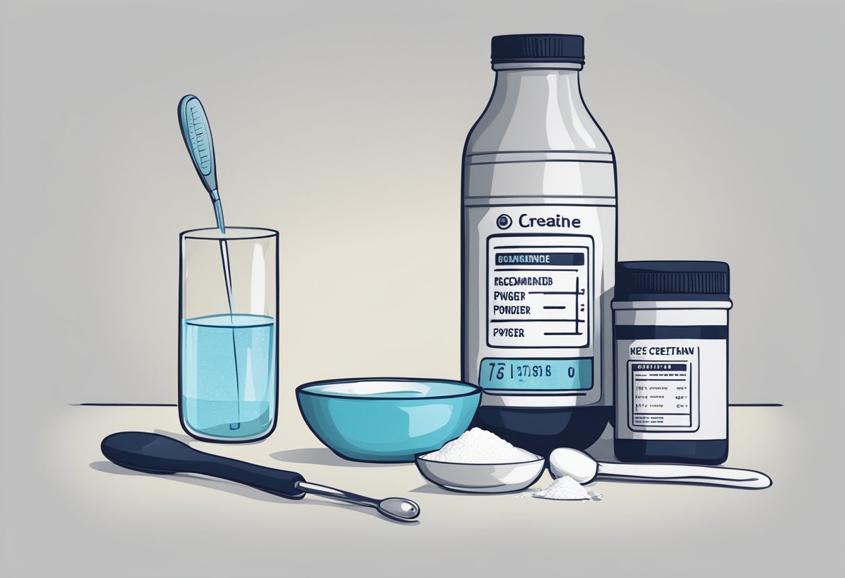 A bottle of creatine powder next to a measuring scoop and a glass of water, with dosage guidelines and a timer showing the recommended time for it to take effect