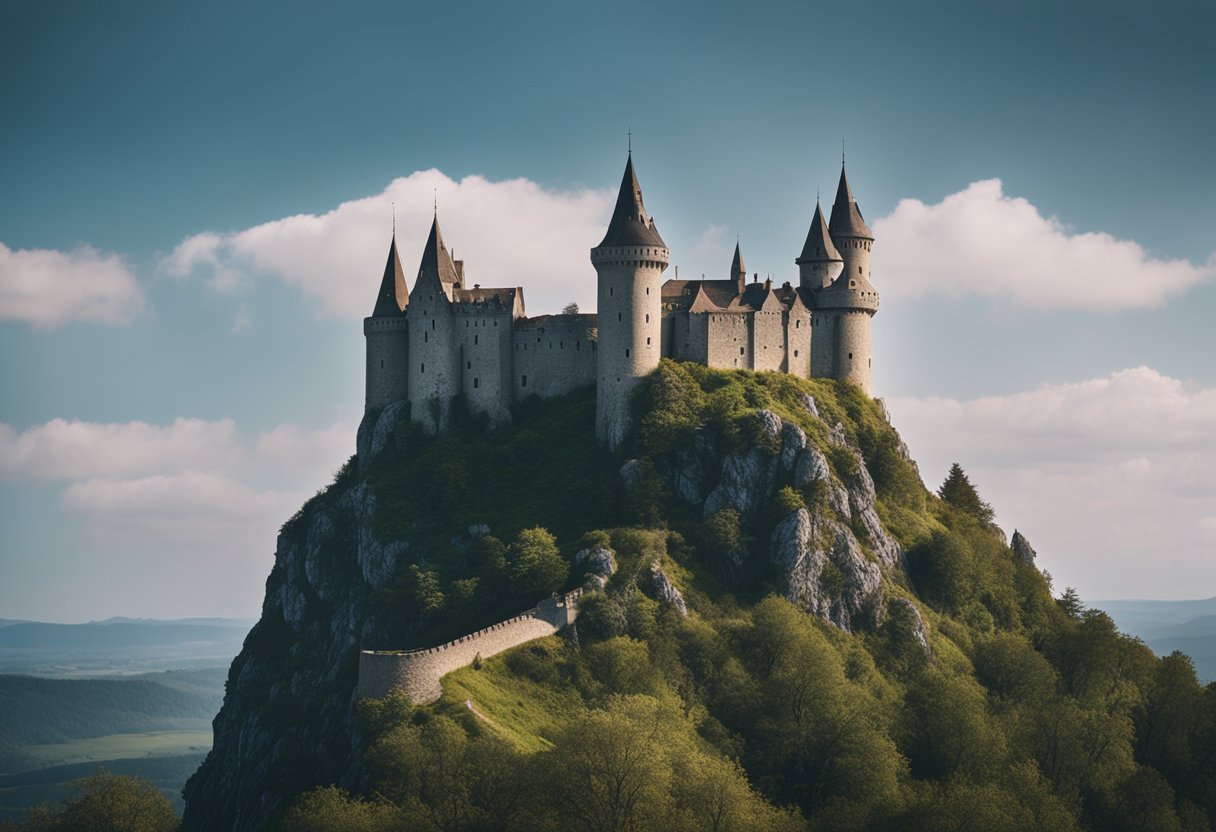 The Witcher's Fantasy Europe: Exploring the Continent's Diverse Inspirations - A medieval castle perched on a cliff overlooking a vast, rugged landscape. A mystical aura surrounds the scene, hinting at the fantastical world of The Witcher