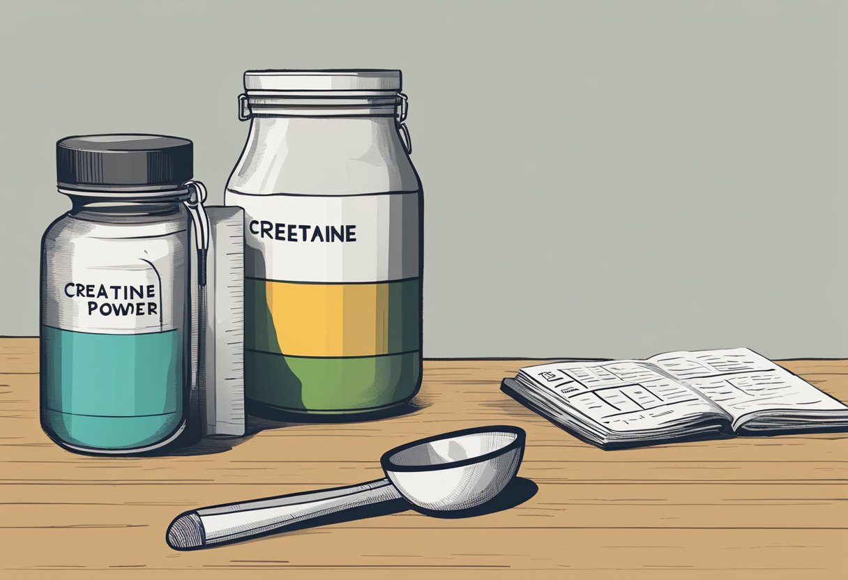 A jar of creatine powder sits next to a water bottle and a measuring scoop. A stopwatch shows the passage of time. A chart on the wall displays potential benefits and drawbacks of supplementation