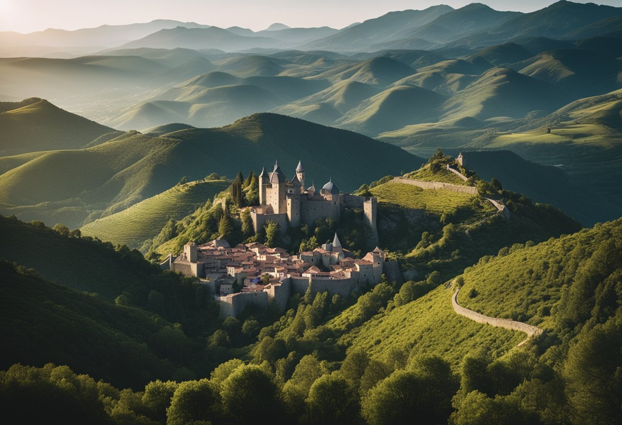 The Witcher's Fantasy Europe: Exploring the Continent's Diverse Inspirations - A sprawling landscape of medieval castles, lush forests, and rolling hills stretches from Eastern Europe to the Canary Islands, with towering mountains and winding rivers adding to the fantastical atmosphere