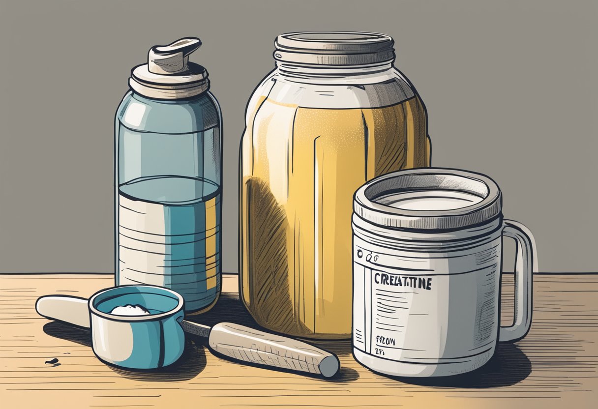 A jar of creatine sits on a kitchen counter next to a water bottle and a scoop, suggesting it should be taken before a workout