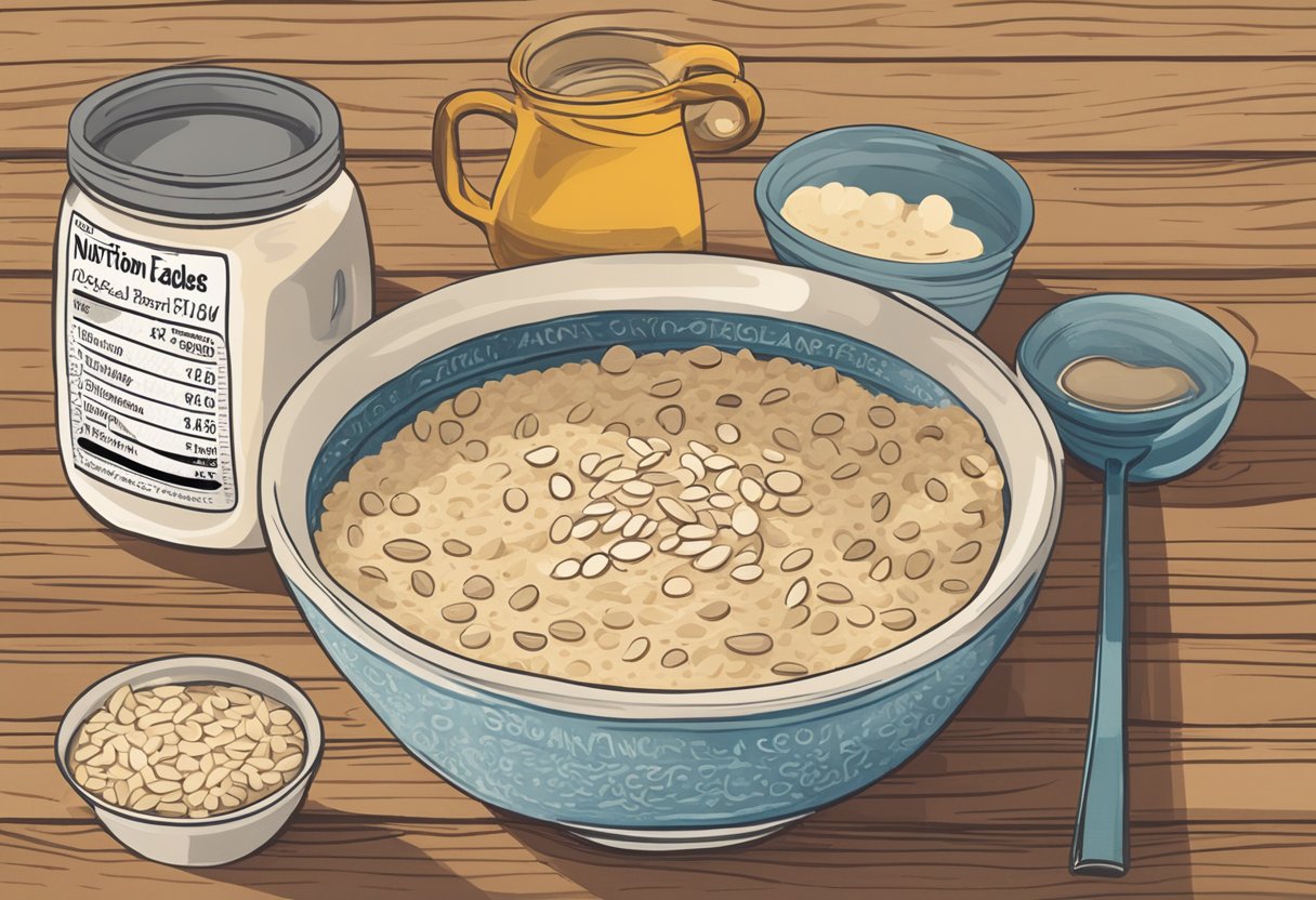 A steaming bowl of porridge sits on a wooden table, surrounded by a spoon and a measuring cup. The nutrition label on the oatmeal container displays the calorie count