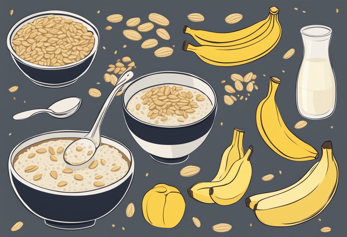 A bowl of porridge with a spoon, surrounded by oats, milk, and a banana. Display the nutritional information with the calorie count