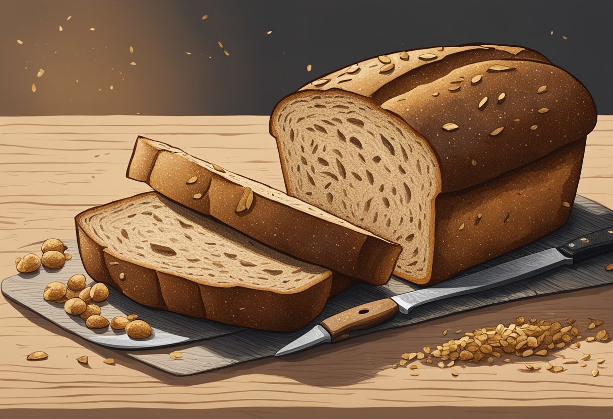 A loaf of rye bread sits on a wooden cutting board with scattered crumbs and a knife nearby. The bread appears dense and textured, with a golden brown crust