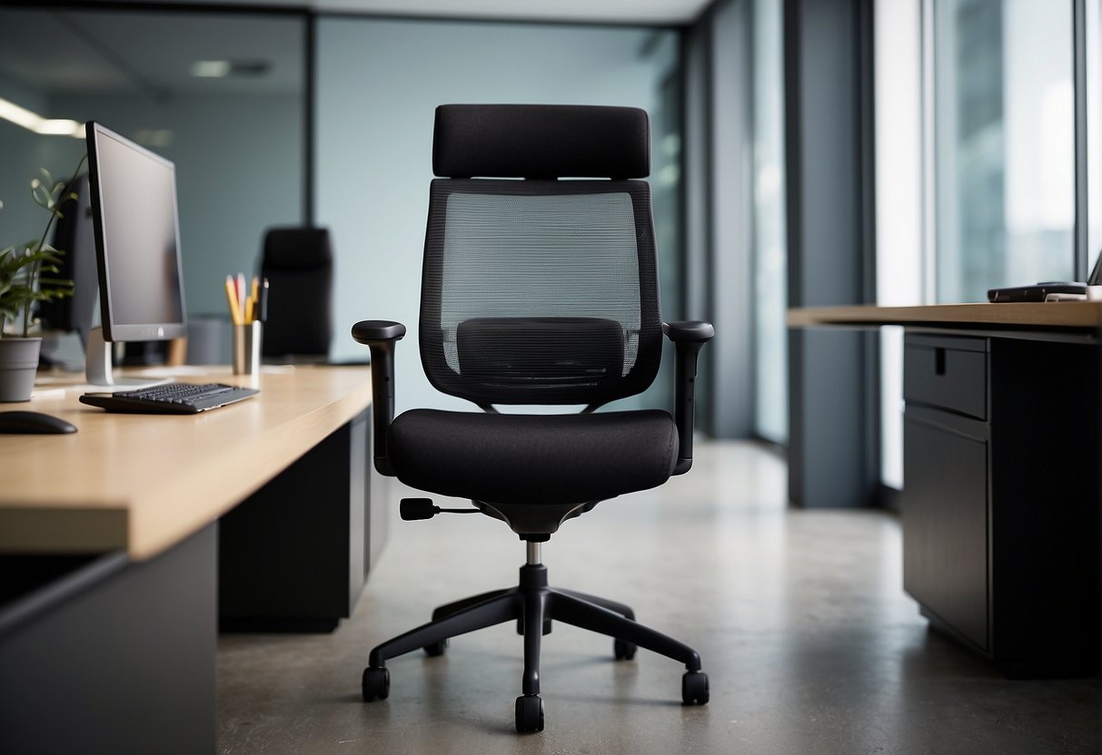 A black office chair with mesh back and fabric seat, labeled "hjh OFFICE Bürostuhl Enjoy I," set in a modern office environment