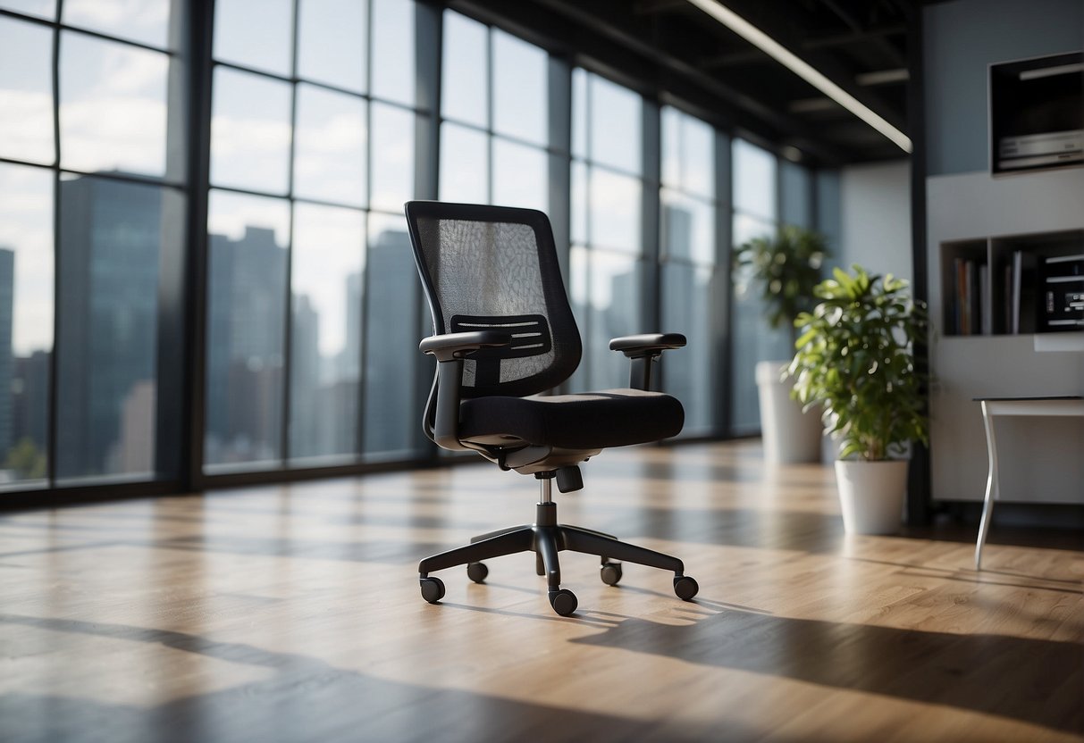 A black mesh and fabric office chair, model "Enjoy I," with technical details