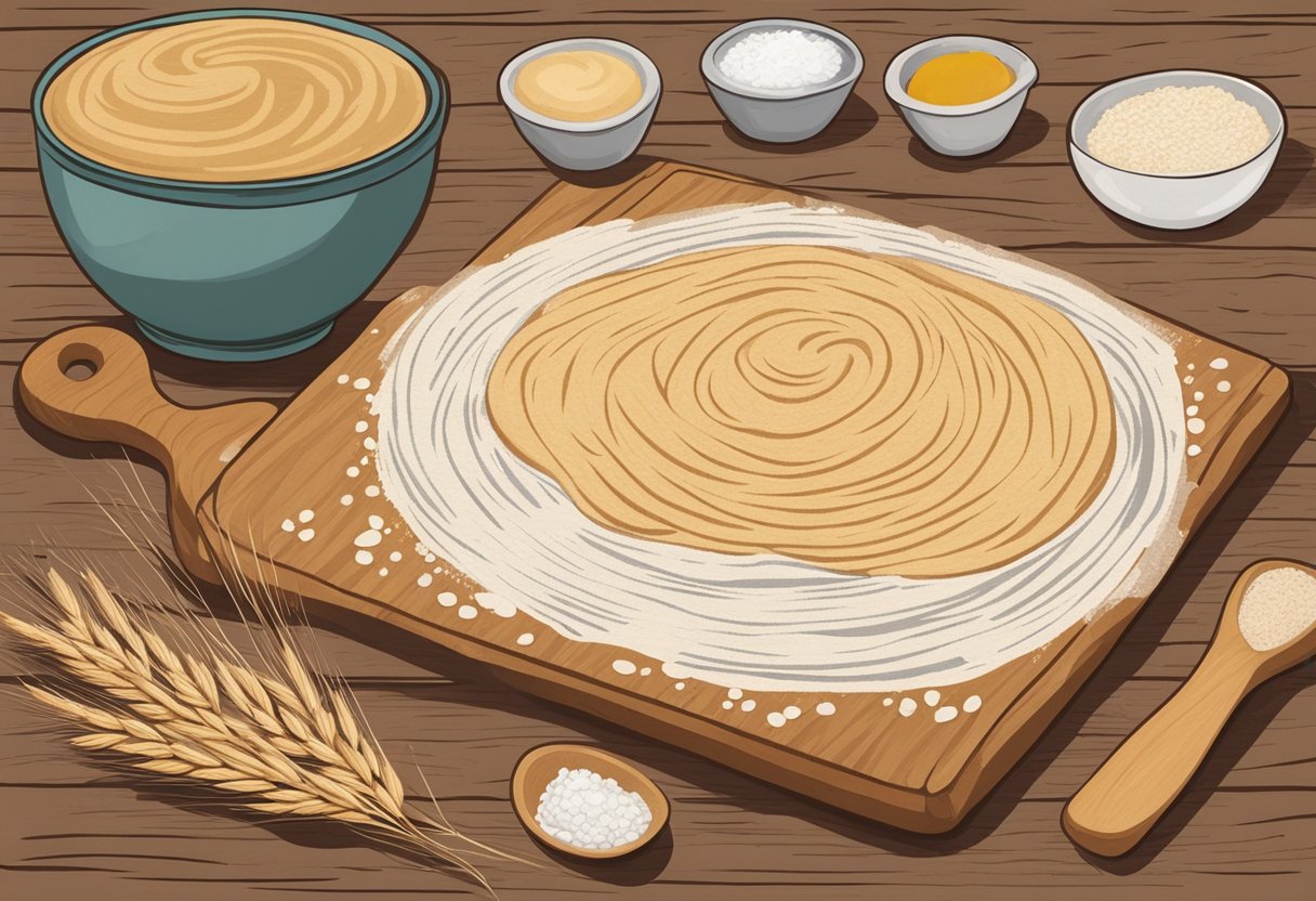 A wooden cutting board with rye flour, yeast, water, and a mixing bowl. Ingredients are being combined and kneaded into dough