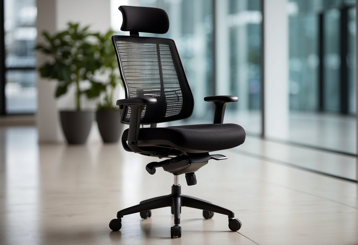 A black fabric and mesh office chair with the label "Kaufinformationen hjh OFFICE Bürostuhl Enjoy I" displayed
