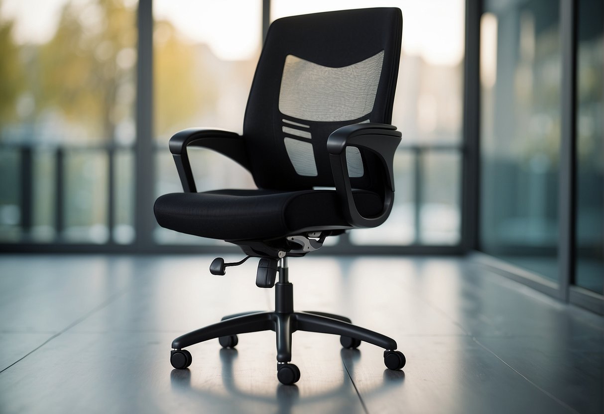 A black Office chair with Enjoy I fabric/net material