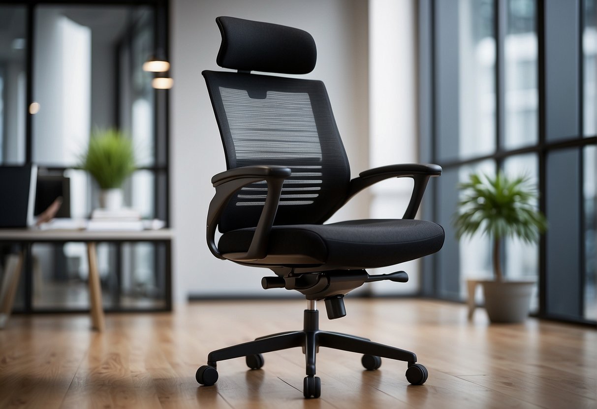 A sleek black office chair with mesh back and fabric seat, labeled "Frequently Asked Questions hjh OFFICE Bürostuhl Enjoy I Stoff/Netz Schwarz."