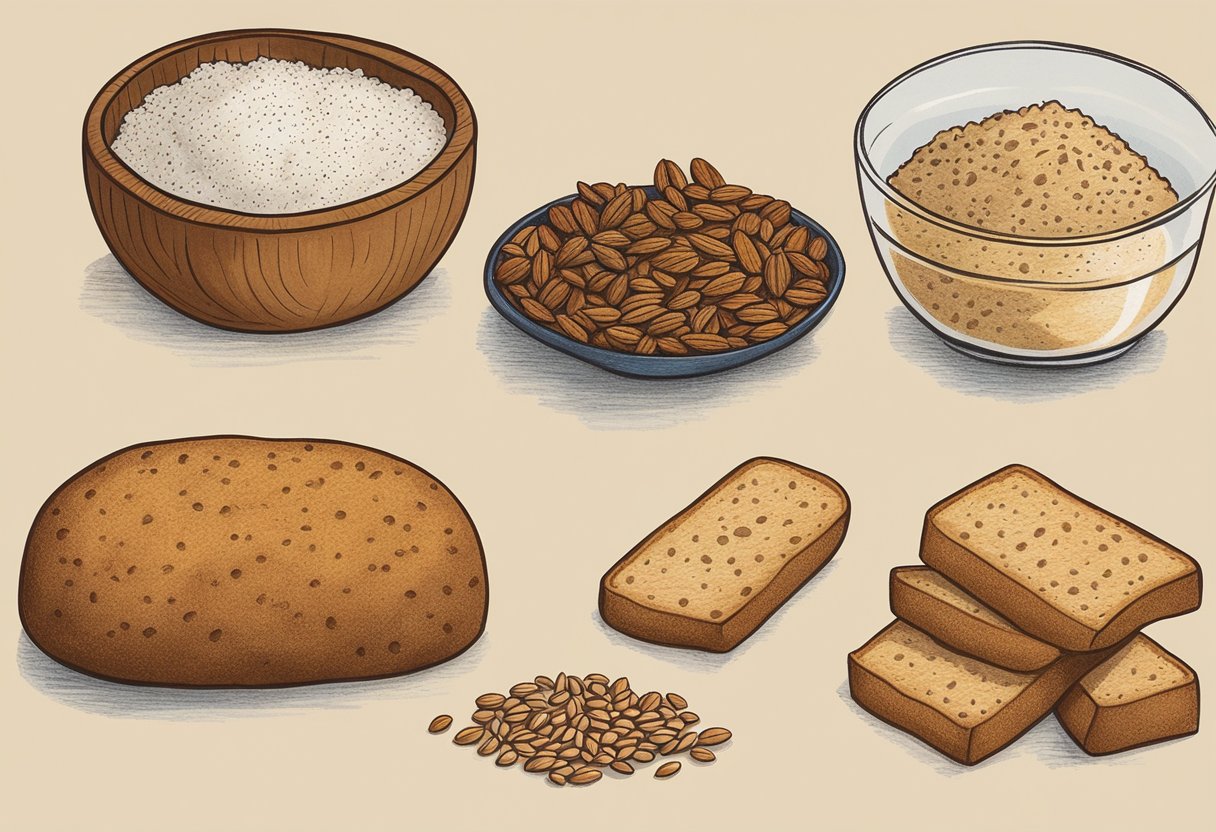 A table displays various gluten-free rye bread alternatives, including almond flour, tapioca starch, and flaxseed meal