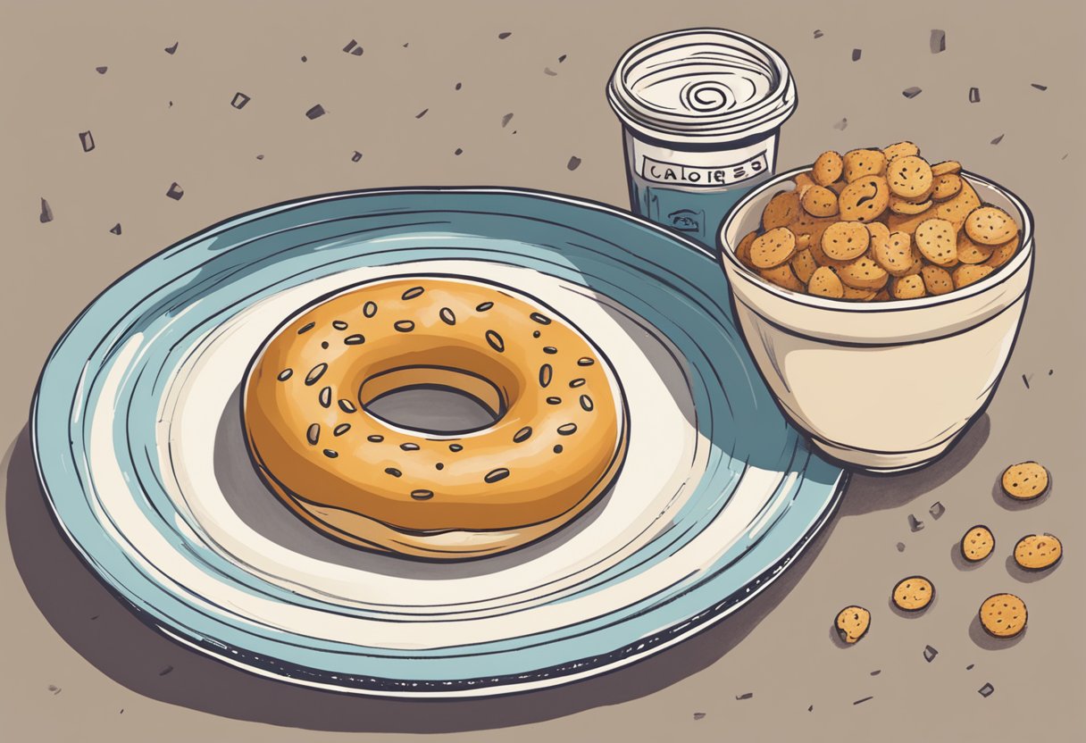 A bagel sits on a plate, surrounded by crumbs. A nutrition label shows "Calories: 250" next to it