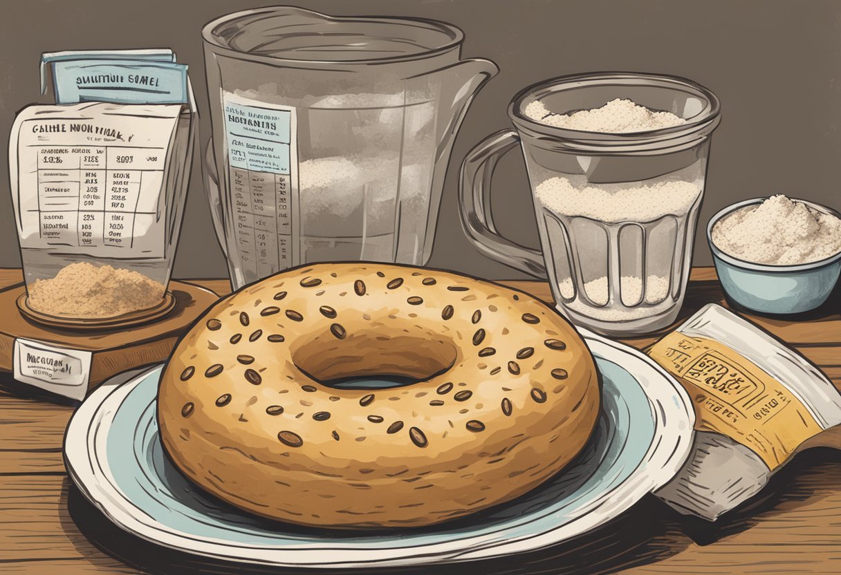 A bagel sits on a plate, surrounded by a measuring cup of flour and a nutrition label. The label prominently displays the calorie count