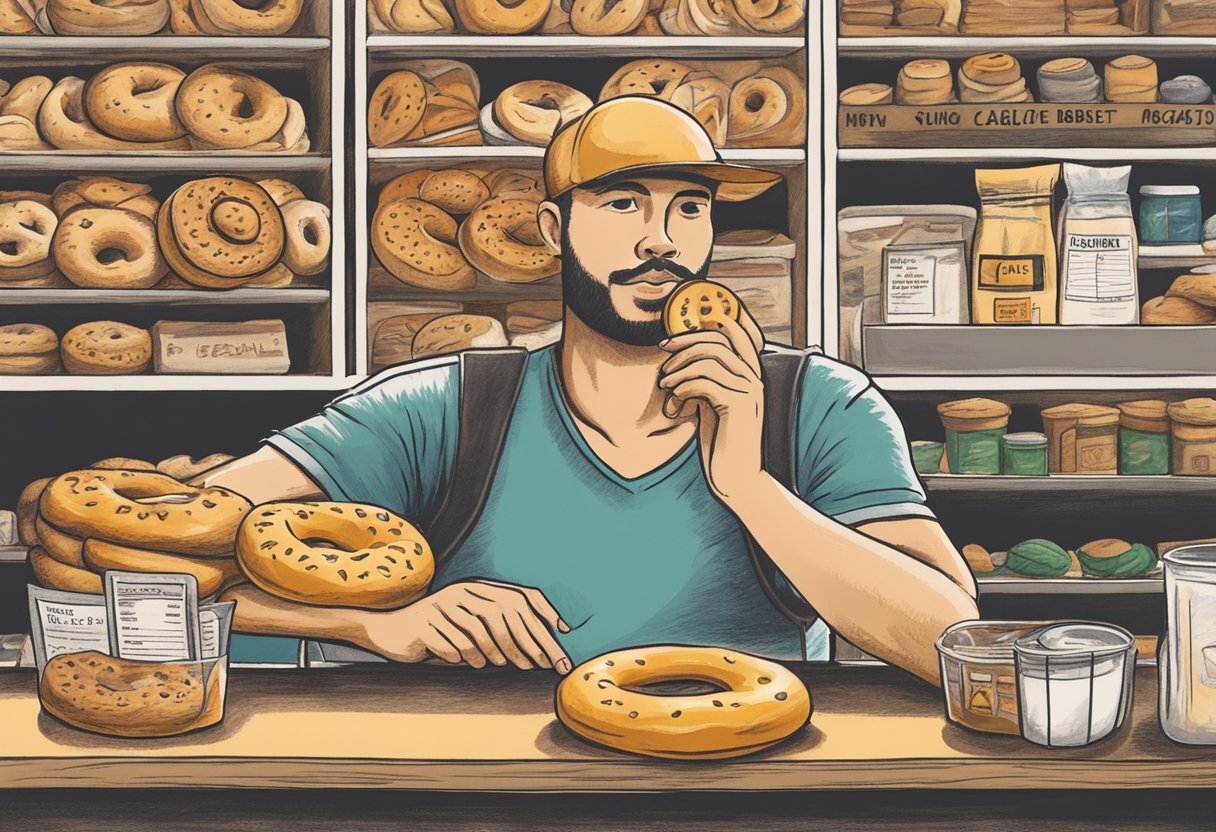 A person holding a bagel, reading a nutrition label, with a focus on the calorie content