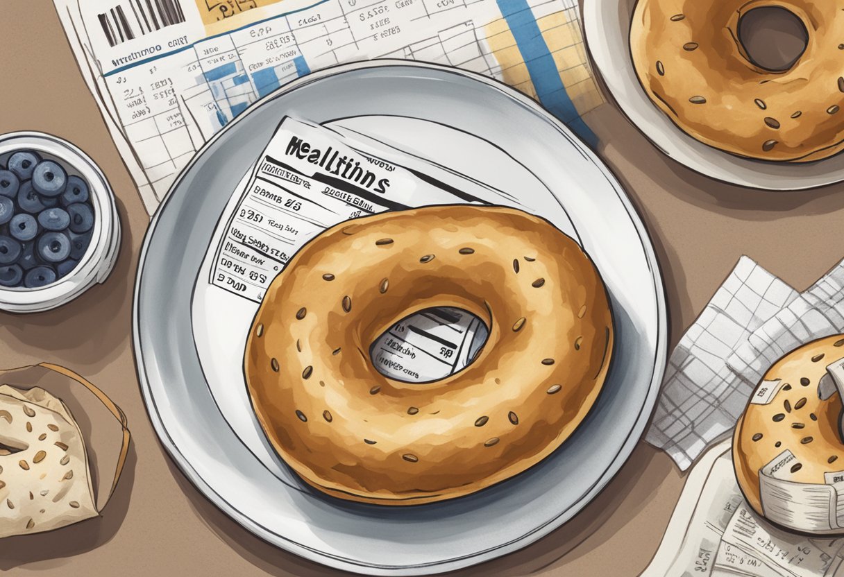 A bagel sits on a plate next to a nutrition label showing its calorie count. A scale and measuring tape are nearby, emphasizing health implications