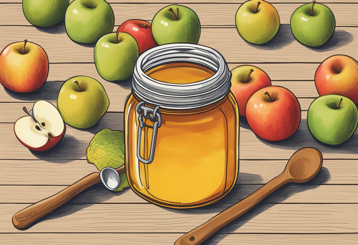 A jar of apple cider vinegar gummies sits on a wooden table, surrounded by fresh apples and a measuring spoon