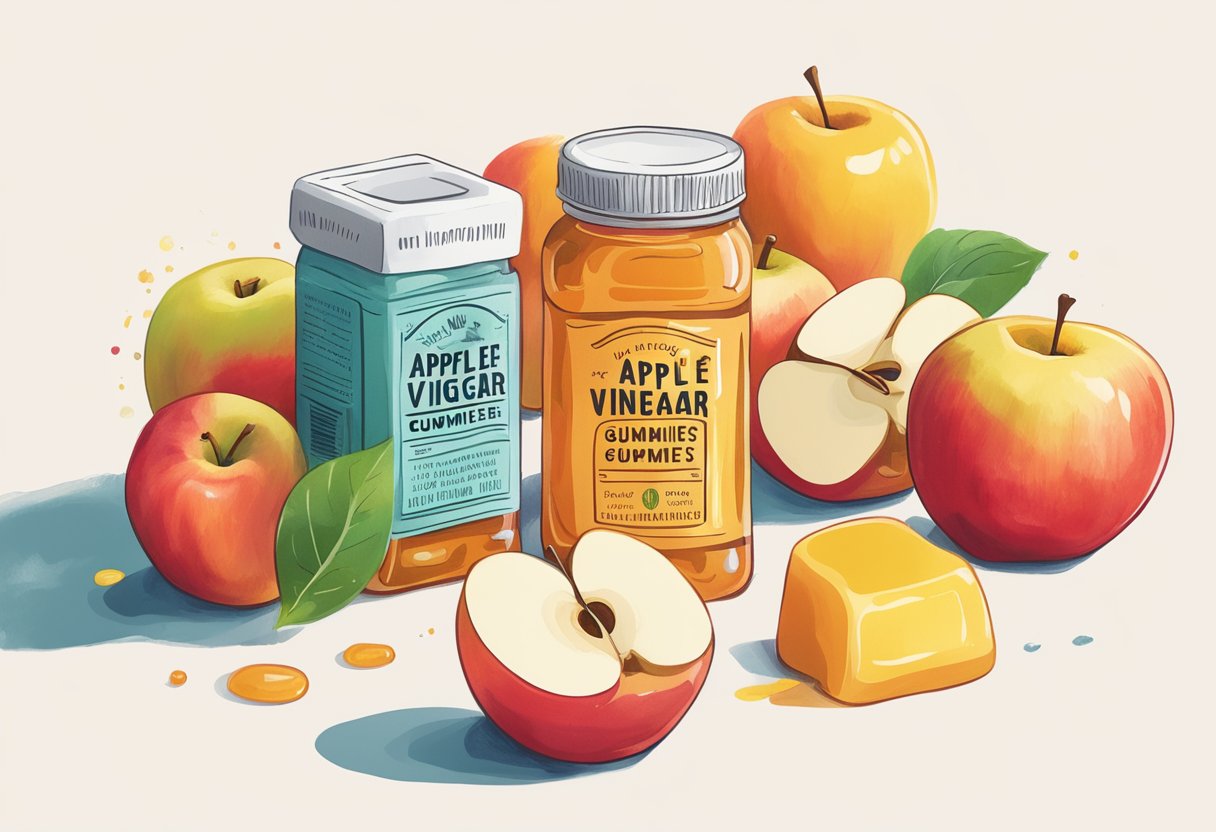 A bottle of apple cider vinegar gummies sits on a clean, white surface. A small pile of gummies spills out of the bottle, surrounded by fresh, vibrant apples and a measuring tape