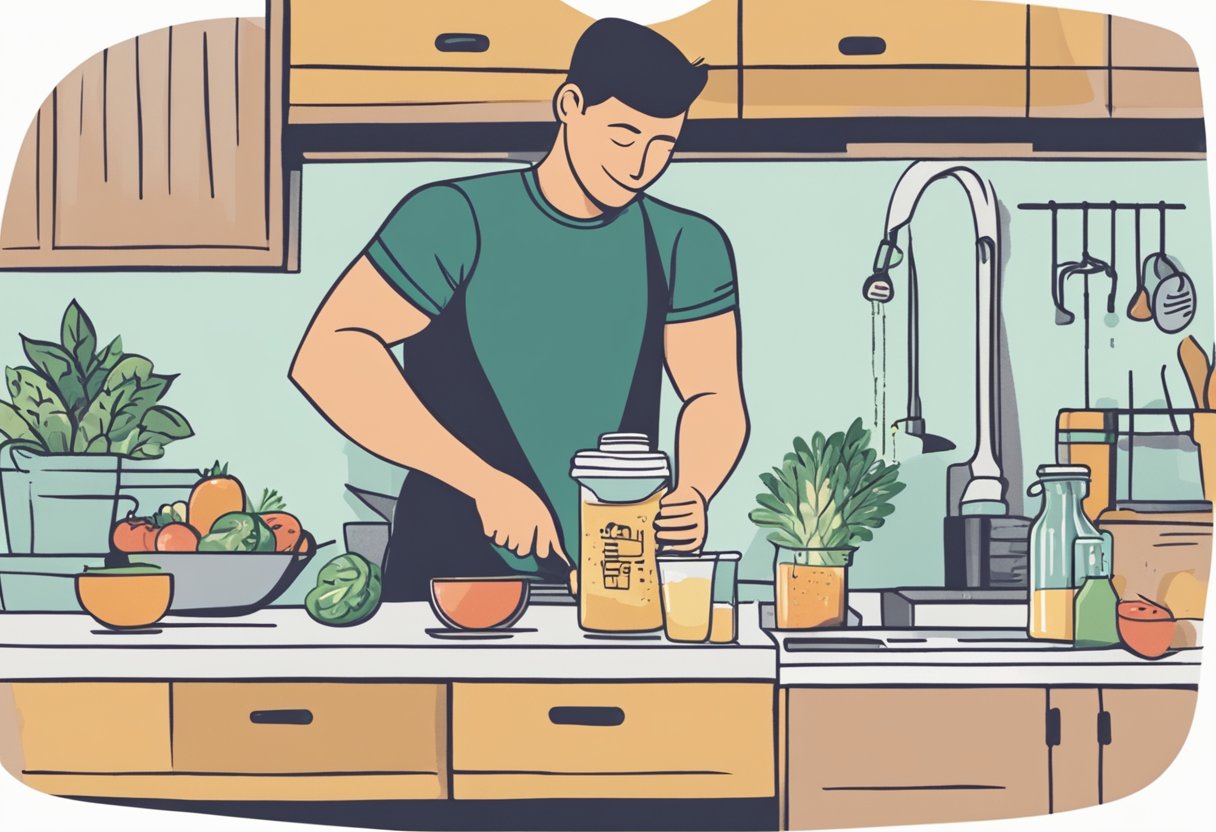 A person pours protein powder into a shaker bottle. They add water and shake vigorously. The protein shake sits on a kitchen counter next to a plate of healthy food