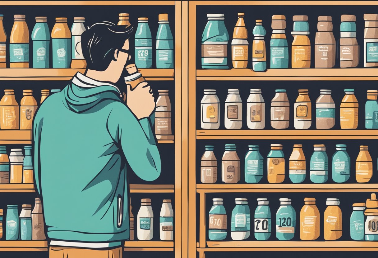 A person reaching for a protein shake bottle on a shelf, with various flavors and sizes displayed. A clock in the background indicates the time for optimal consumption