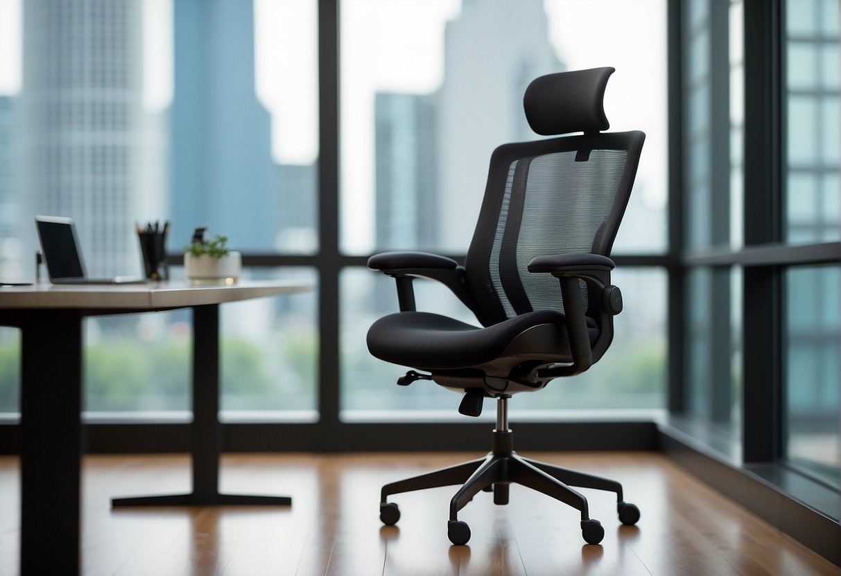 A black ergonomic office chair with adjustable mechanisms, mesh backrest, and a high back design