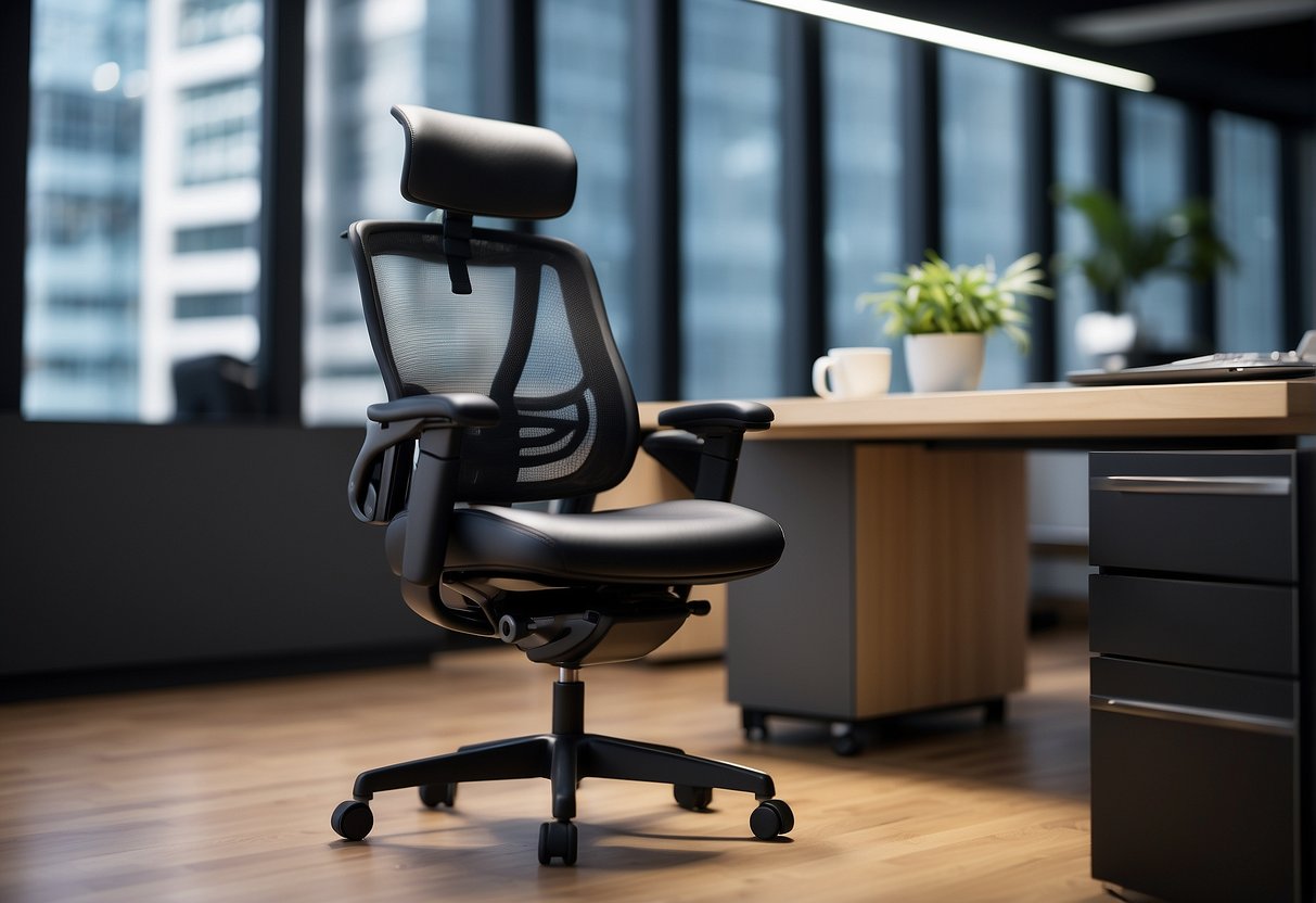 A black ergonomic office chair with additional features, made of mesh fabric, set in a professional office setting