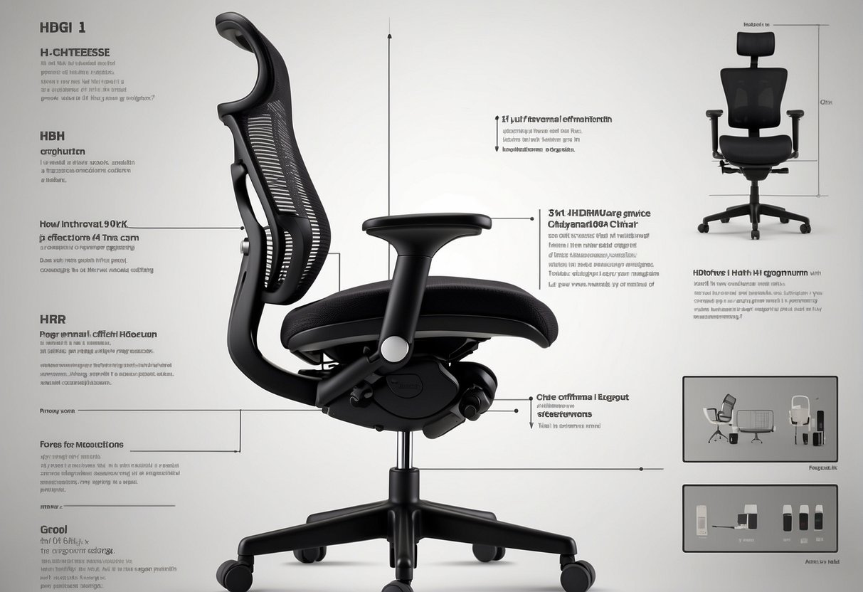 A black ergonomic office chair with mesh fabric, labeled hjh OFFICE 652111 Profi Chefsessel ERGOHUMAN, is shown with its dimensions and product details