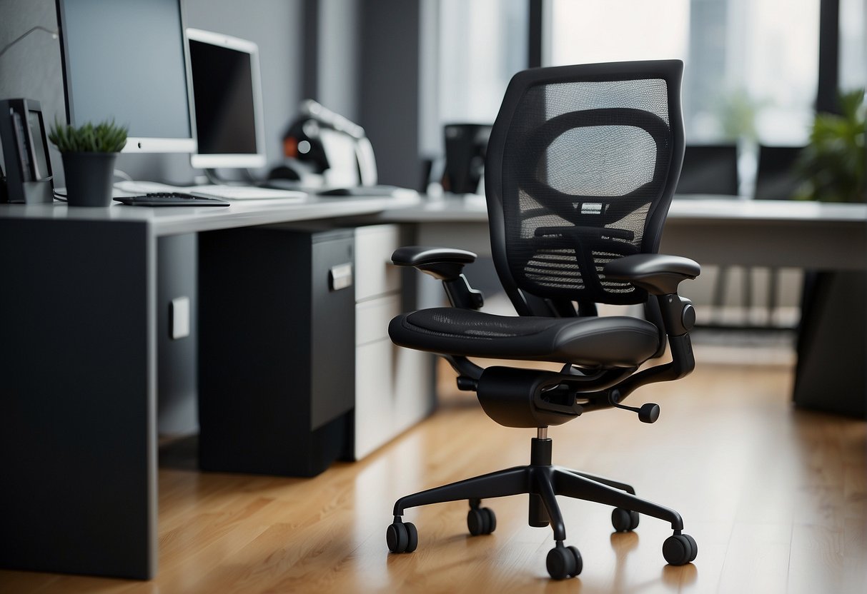 A black ergonomic office chair with mesh material, labeled "ERGOHUMAN," surrounded by additional office supplies