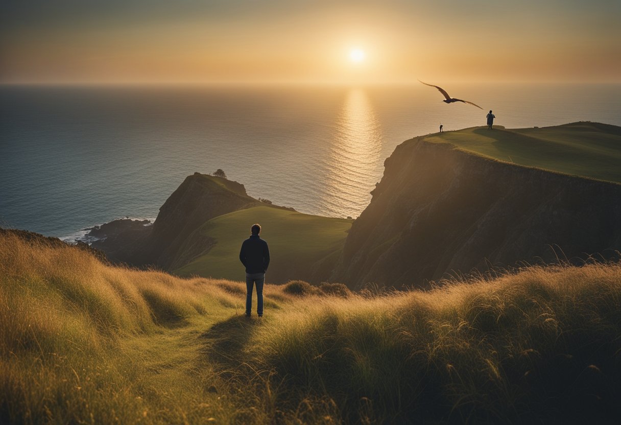 Saying Goodbye with Grace: Exploring Irish Farewell Traditions - A lone figure stands on a cliff overlooking the sea, with a soft breeze blowing through the grass. A setting sun casts a warm glow, as a flock of birds takes flight in the distance
