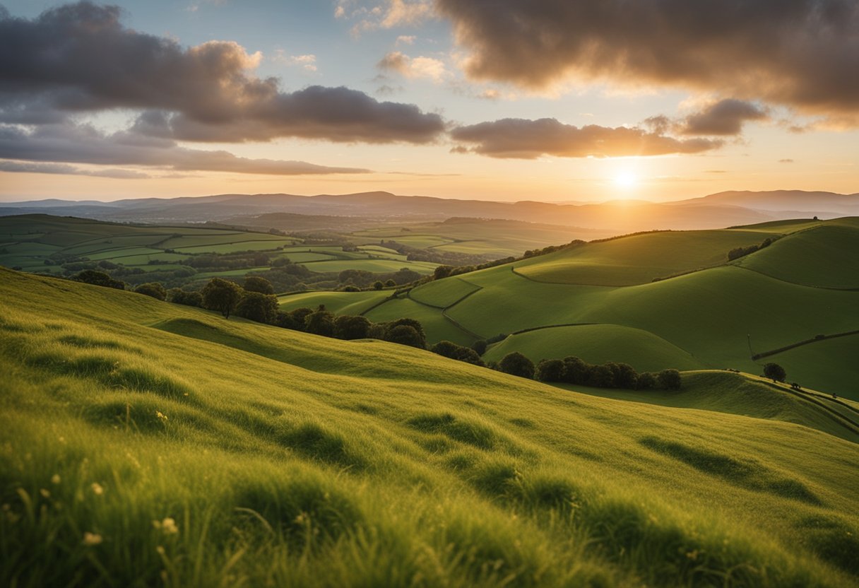 Saying Goodbye with Grace: Exploring Irish Farewell Traditions - A serene landscape with rolling green hills and a peaceful sunset. A traditional Irish farewell blessing being whispered into the wind
