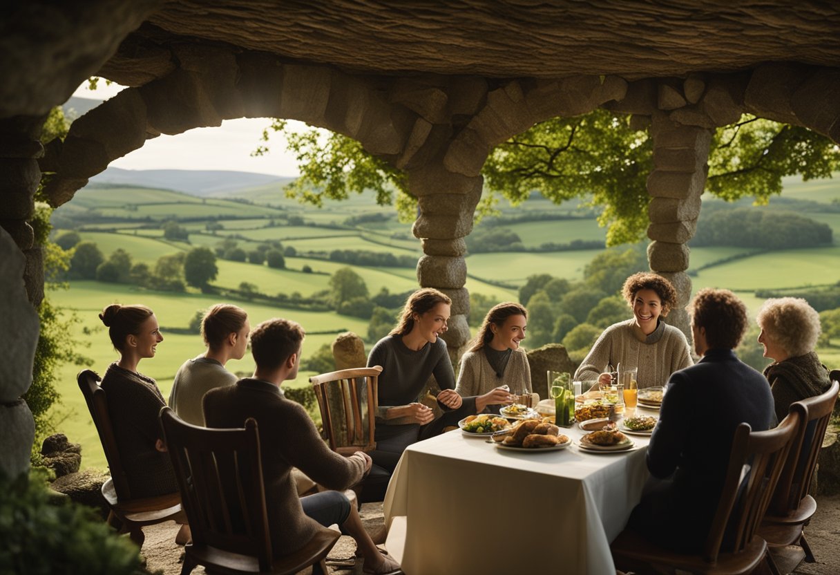 Saying Goodbye with Grace: Exploring Irish Farewell Traditions - An Irish cottage with a stone hearth, surrounded by rolling green hills and a winding river. A table set with a simple meal, and a group of friends gathered, holding hands in a circle, saying goodbye with grace