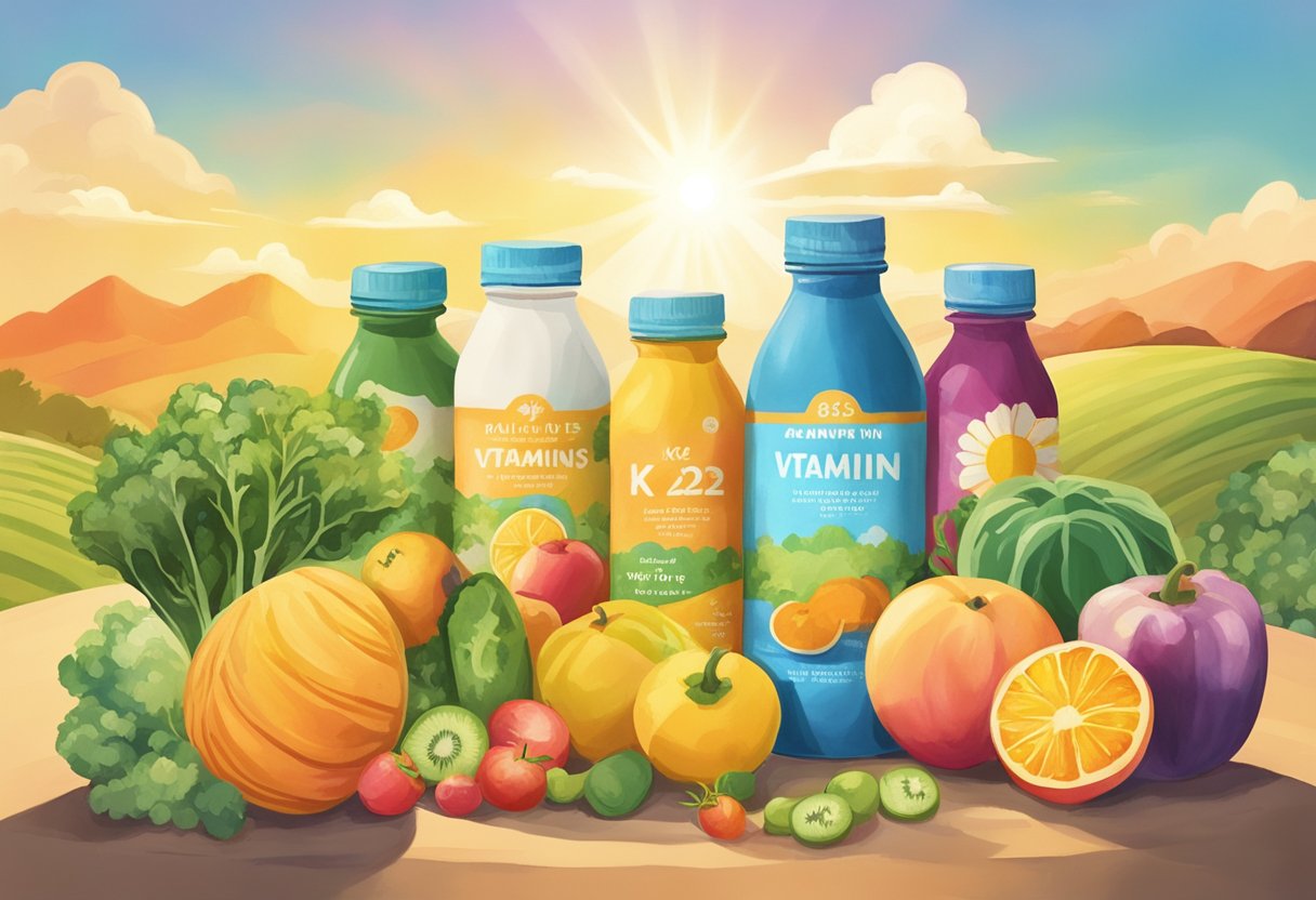 A sunny landscape with colorful fruits and vegetables, a bottle of vitamin D3 and K2 supplements, and a radiant sun in the sky
