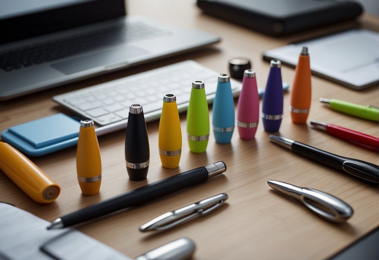 A variety of ergonomic pens and writing aids arranged on a desk, with different shapes and sizes for comfortable and efficient use