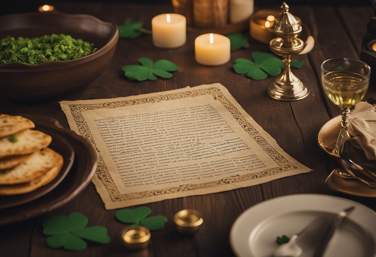 Saying Goodbye with Grace: Exploring Irish Farewell Traditions - An empty table set with a traditional Irish farewell blessing written on a piece of parchment, surrounded by symbols of Irish culture and diaspora