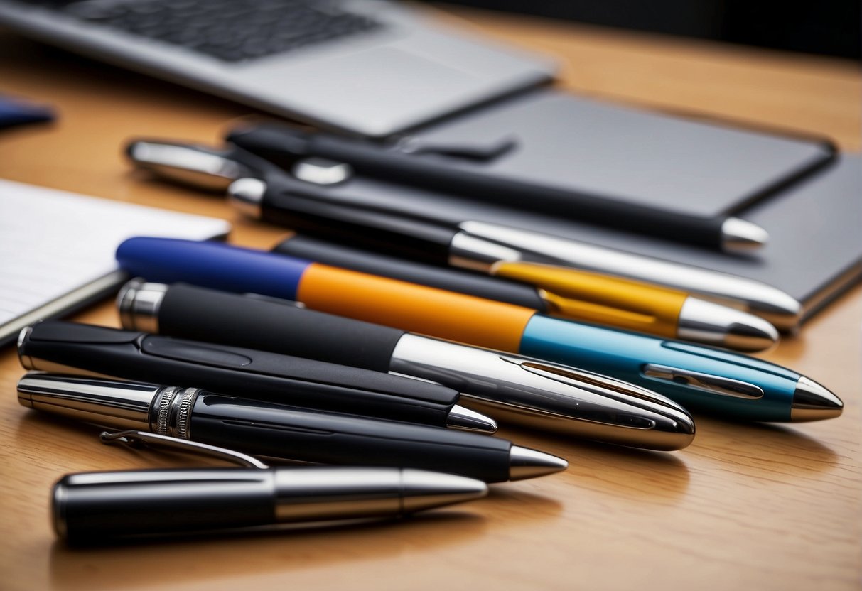 A variety of ergonomic pens and writing aids arranged on a desk