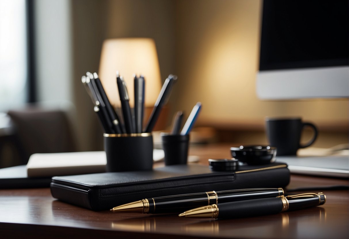 A variety of ergonomic pens and writing aids arranged on a desk with a comfortable chair and proper lighting