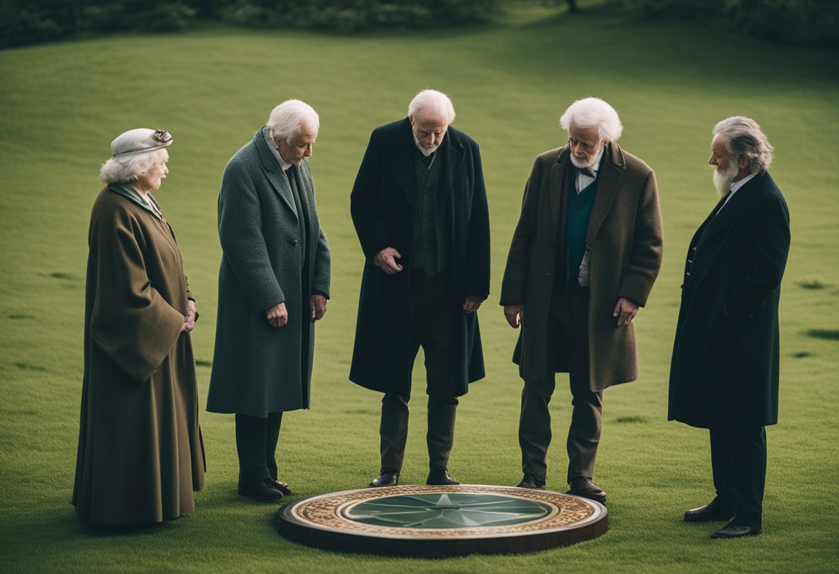 Saying Goodbye with Grace: Exploring Irish Farewell Traditions - A group of people stand in a circle, heads bowed, as an elder offers a heartfelt farewell blessing in the Irish tradition. The scene is filled with a sense of reverence and grace
