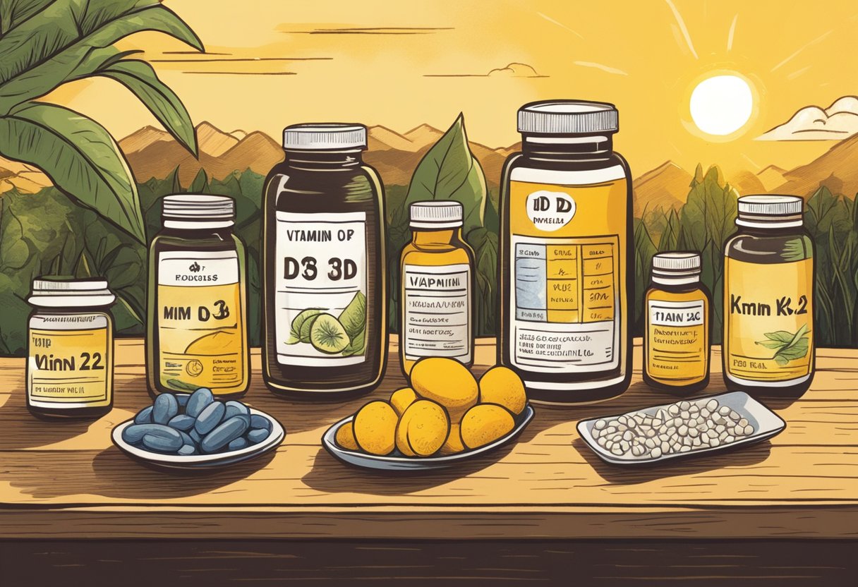 A table with various dietary sources of vitamin D3 and K2, alongside bottles of supplements, with a bright sun in the background