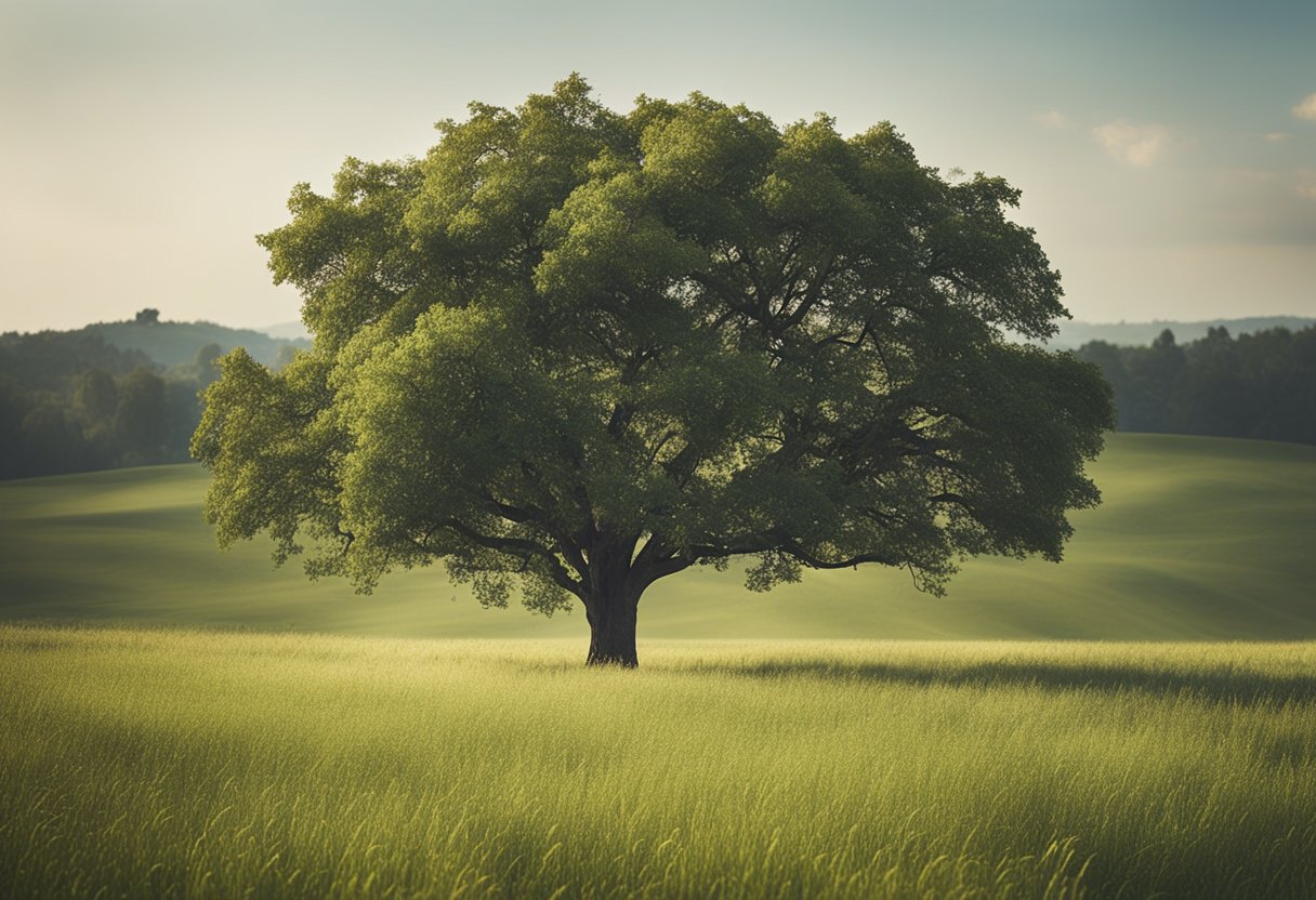 Saying Goodbye with Grace: Exploring Irish Farewell Traditions - An open field with a solitary tree, its branches reaching towards the sky. A gentle breeze carries the sound of distant voices, creating a sense of peacefulness and serenity
