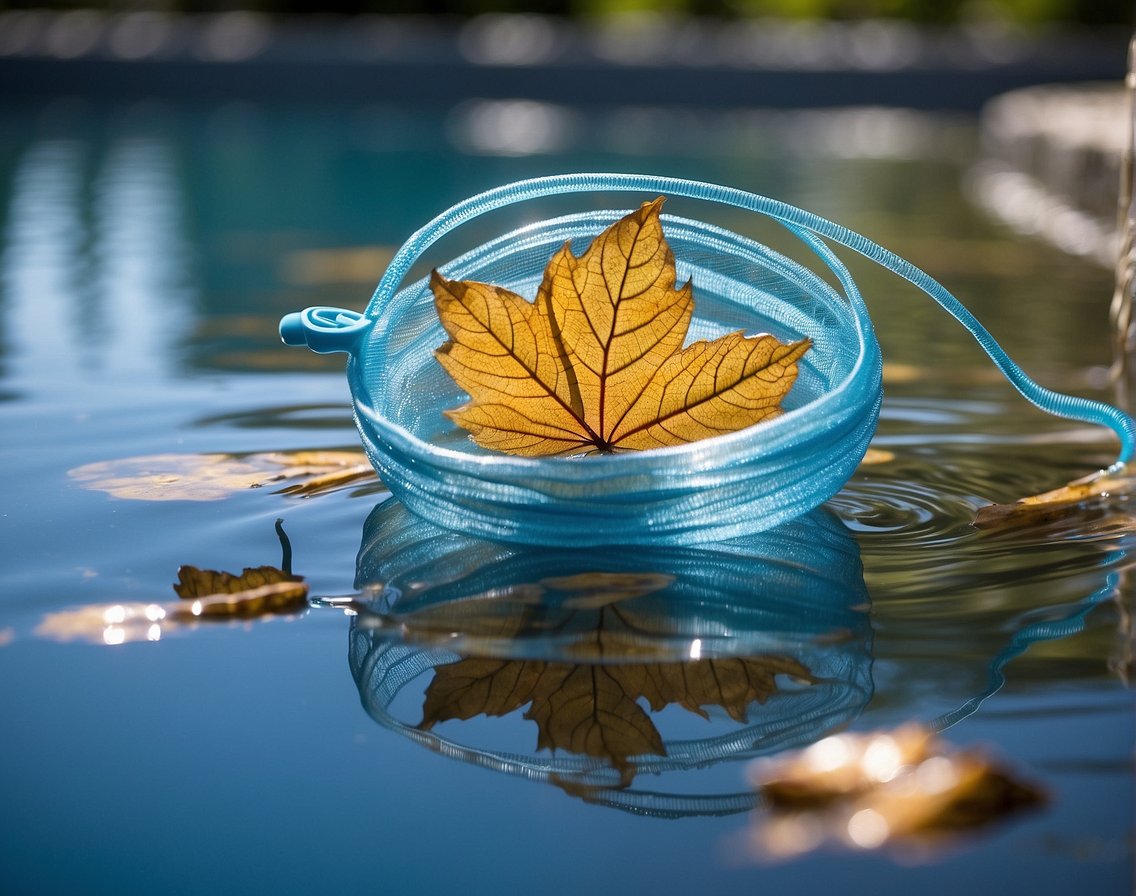 A pool skimmer net dips into a crystal-clear pool, removing leaves and debris. The water reflects the blue sky, emphasizing the importance of regular skimming for clean and clear water